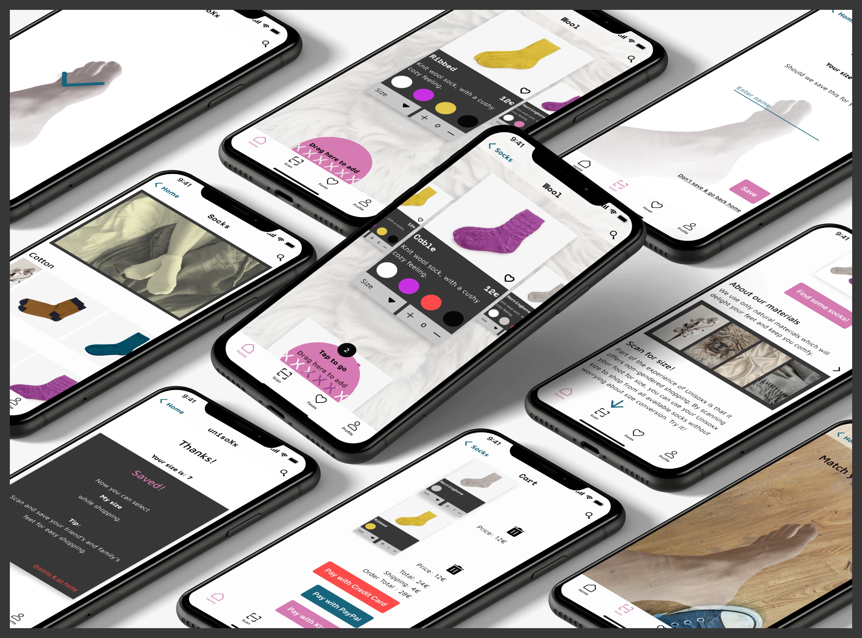 multiple smartphones postitioned dynamically with images of an online sock store on the screen
